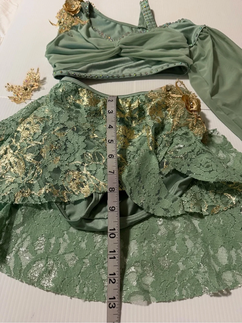 Weissman Elite dance costume 2 piece August 15286 sage green MC-Medium child